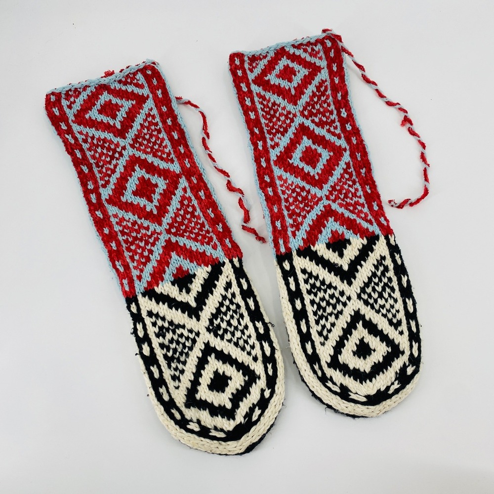 Hand Knit Slipper Socks Women One Size Red Blue Geometric Fair Isle